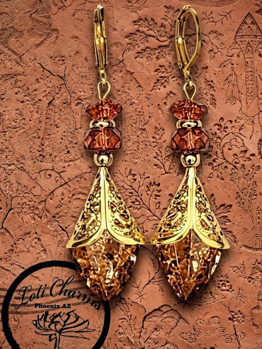 Victorian Peach Champagne Sparkling In  18k Gold Plated Filligree Earrings